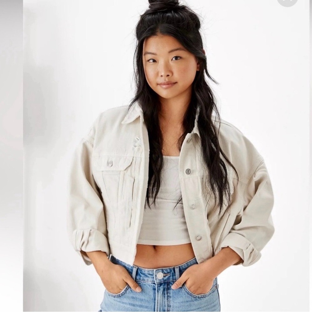 American Eagle 90s Boyfriend Denim Jacket, Cream Oversized XXS